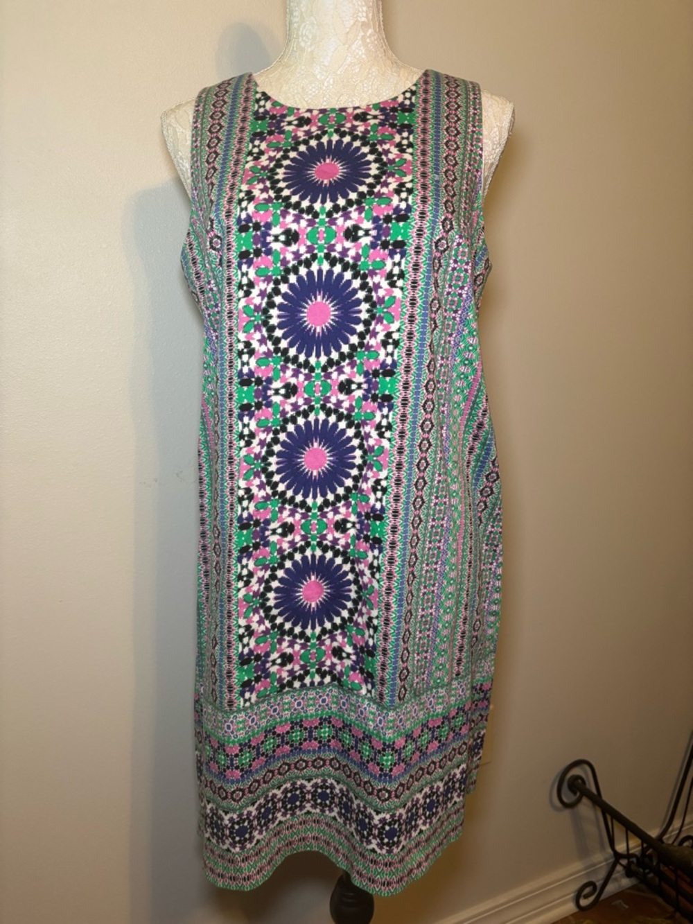 London Times Sleeveless Midi Dress in Purple, Green & Pink EUC